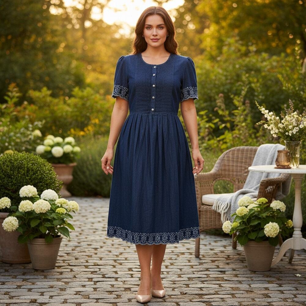 Vintage Plaza South Denim Dress Women's Plus Size 16W Blue Pleated Puff Sleeve